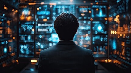 Individual analyzing complex data visualizations on a futuristic interface in a tech environment