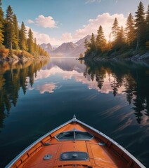 Obraz premium Serene lake waters reflected in the boat's surface , calm water, nature scenery, peaceful atmosphere