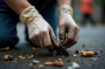 Fototapeta premium Volunteers' hands in transparent rubber gloves cleaning up trash in the city, close up