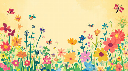whimsical garden filled with colorful flowers, buzzing insects, and bright yellow background creates cheerful and vibrant atmosphere