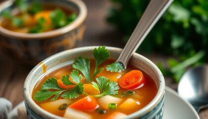 a detailed shot of a bowl of fresh vegetable soup with parsley