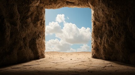 Symbolic Open Passageway with Natural Light Through an Earthy Frame and Blue Sky Above