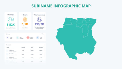 Naklejka premium Business Growth Infographic Map of Suriname. Orders, Customers, Sales Overview & product Infographic Map of Suriname. Easy to edit
