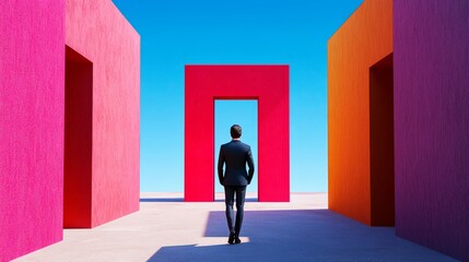Fototapeta premium Architectural Choices: A Business Decision - A businessman contemplates three colorful doorways, symbolizing opportunity, uncertainty, challenge, potential, and future.