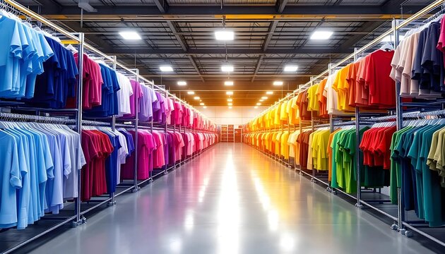 Colorful T-Shirts on Racks in a Large Warehouse