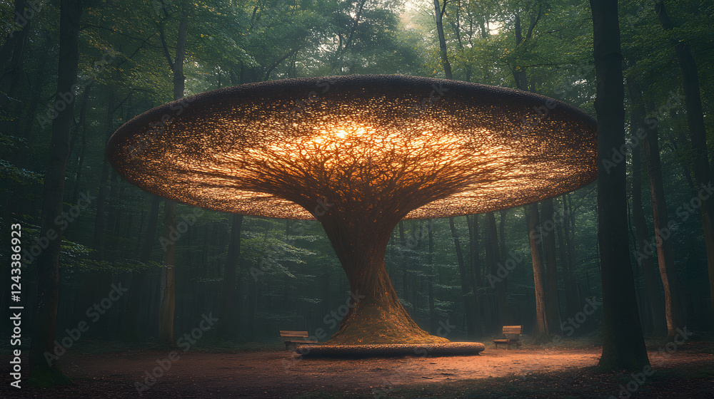 Poster A large, illuminated structure resembling a mushroom sits amidst a misty forest, surrounded by trees and a serene atmosphere