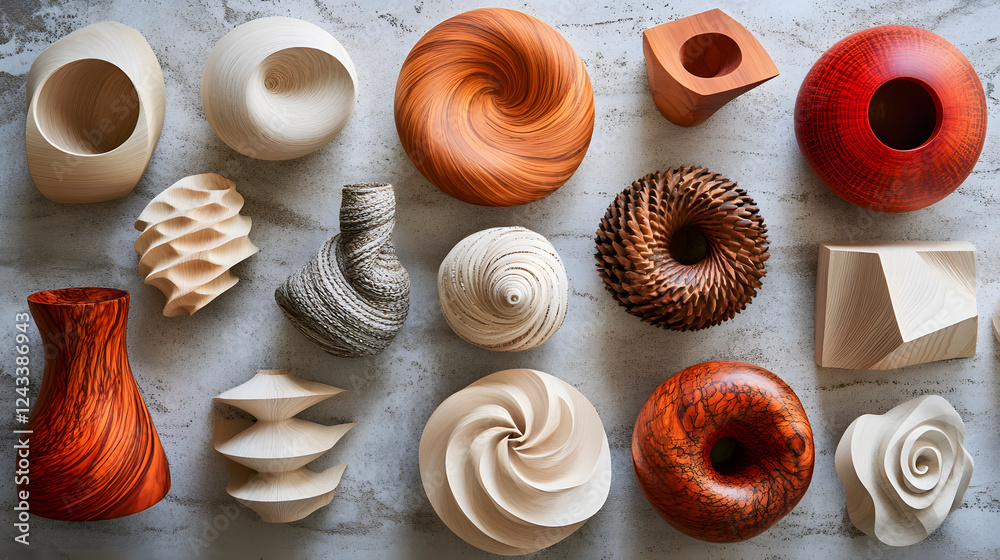 Poster A collection of intricately designed wooden objects showcasing various shapes and textures arranged artistically on a light surface