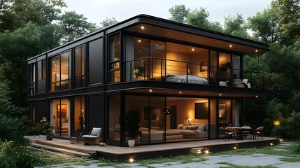 Elegant and futuristic two-story black steel home with clean modern details, open terraces, and panoramic windows, 8K high-quality 3D render