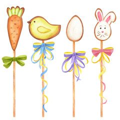A bundle of easter cookies with bows and ribbons on sticks. Carrot, egg, chicken, bunny. Easter holiday food clipart. Hand-drawn watercolor illustration
