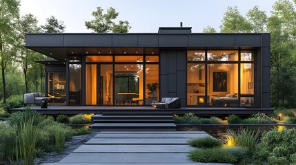 Industrial-style black steel house with warm lighting, sleek metal finishes, and a spacious modern layout, high-resolution 8K 3D render