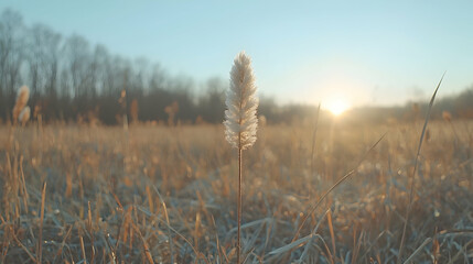 Fototapeta premium Sunrise over field, single plant focus, calm nature scene, website background