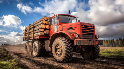 Obraz premium A red logging truck loaded with logs drives along a dirt road under a cloudy sky