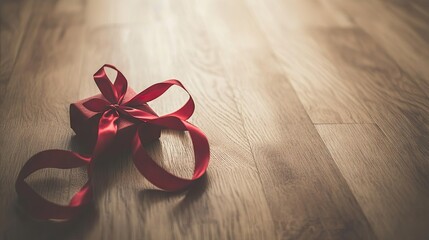 A forgotten Valentine's Day gift wrapped in red ribbon, left untouched on a wooden floor.