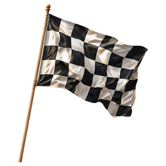  Checkered Racing Flag Waving on Wooden Pole Against White Background.