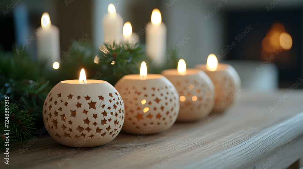Poster softly glowing candles in decorative holders create a warm, inviting atmosphere, surrounded by green
