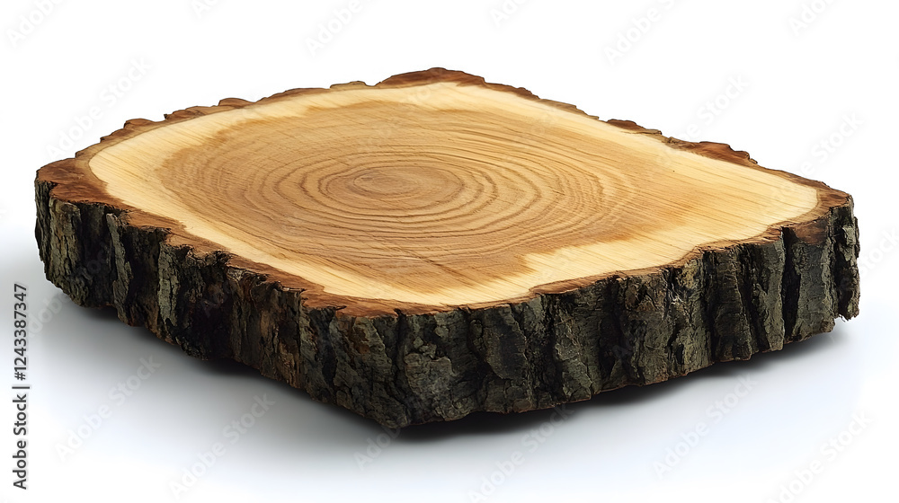 Poster wooden slice with visible growth rings and rough bark edges, suitable for rustic decor or craft proj