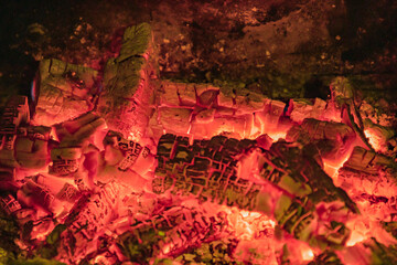 hot coals of burning wood in the oven. close-up