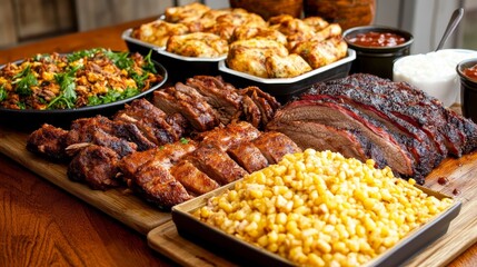 Delicious BBQ Feast Platter - A mouthwatering BBQ platter featuring smoked brisket, ribs, cornbread, and sides. Perfect for sharing!