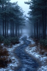 Obraz premium A snowy path winds through a misty pine forest