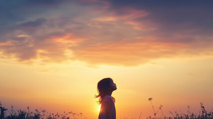 Fototapeta premium Child gazes at vibrant sunset sky, silhouetted by warm golden hues, perfect for serene nature and inspiration themes.