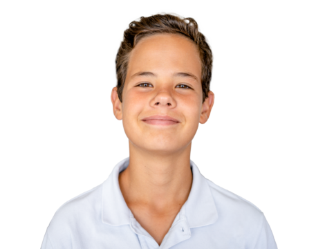 Happy childhood. Close up portrait of cheerful boy smiling to camera isolated over transparent background. PNG transparent.