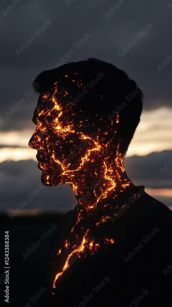 Aufkleber surreal portrait of a man glowing with an otherworldly light in a twilight landscape