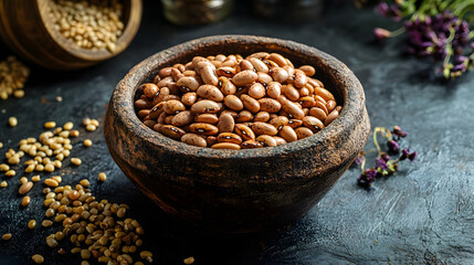 Fototapeta premium An artistic composition of pinto beans in a rustic bowl, surrounded by scattered dried herbs and grains.