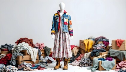 Stylish patchwork denim jacket and floral dress amidst a pile of clothing.