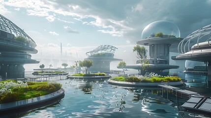 A futuristic city waterfront with floating gardens, underwater habitats visible through transparent walls, and advanced desalination plants.