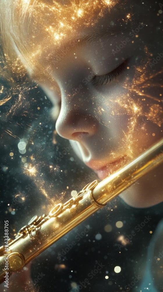 Poster surreal portrait of a child playing the flute with a mesmerizing cosmic background