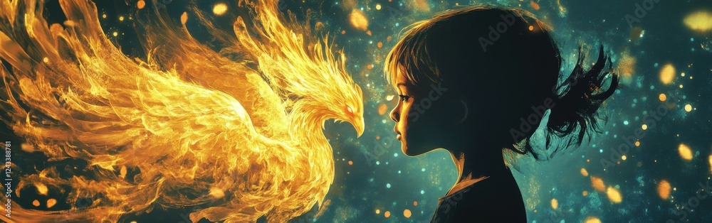 Poster surreal portrait of a glowing child interacting with a magnificent fiery phoenix in a dreamlike atmo