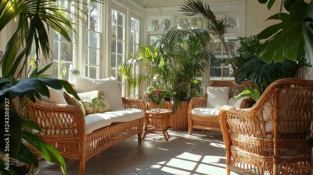 Poster sunroom featuring wicker furniture and an array of tropical plants in a bright, serene environment