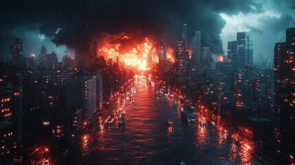 Obraz premium Dramatic Urban Landscape with Fire, Smoke, and Flooded Waters