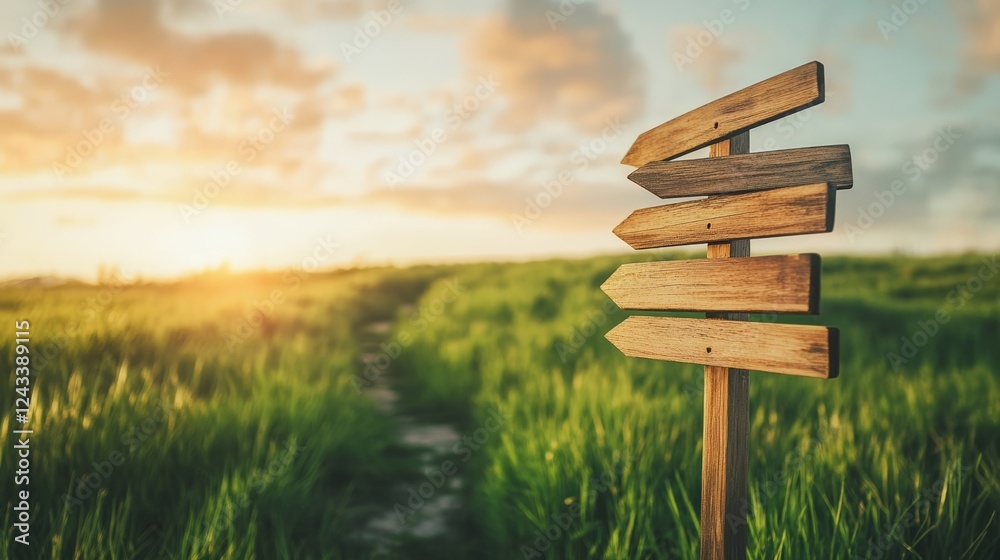 Poster wooden signpost with multiple arrows pointing in different directions in a green field at sunset, sy