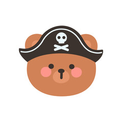 Korean Style Bear Head Cartoon with Brown Pirate Hat and Skull Symbol