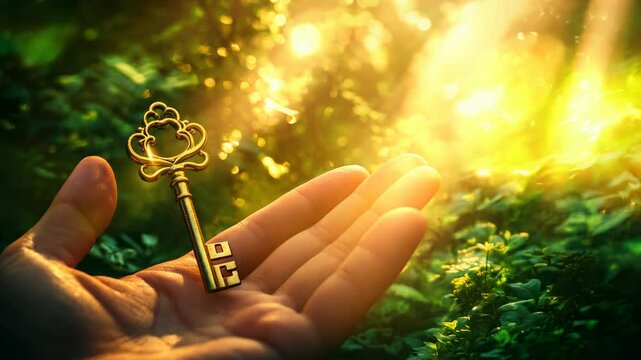 A golden key rests gently in an open palm, surrounded by lush greenery and soft sunlight, symbolizing new beginnings and unlocking potential