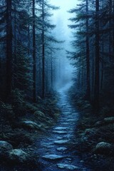 Fototapeta premium Stone Path Winding Through A Misty Blue Forest
