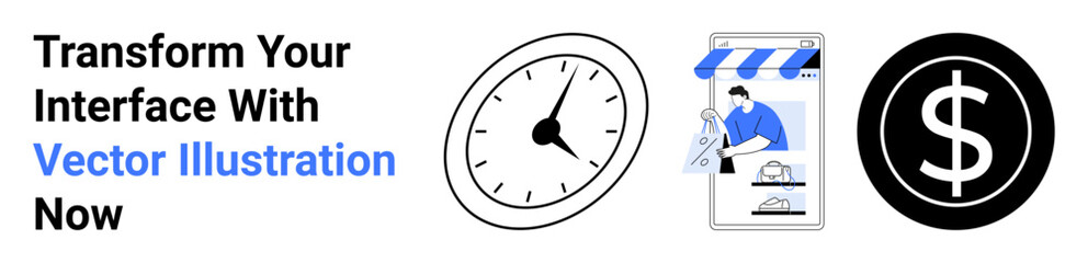 Clock illustrating time, smartphone with an e-commerce storefront, and dollar sign representing monetary growth. Ideal for productivity, retail, finance, digital marketing, entrepreneurship, apps