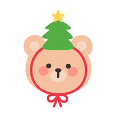 Korean Style Bear Head Cartoon with Christmas Tree Hat