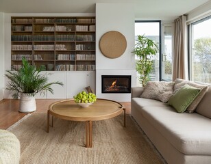 living room featuring comfortable beige sofa wooden coffee table with fruit bowl built in bookshelves green plants and elegant fireplace