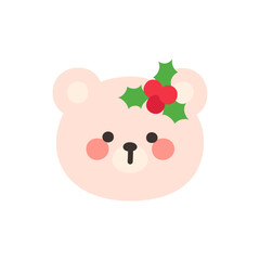 Korean Style Bear Head Cartoon with Festive Holly and Berries Hat