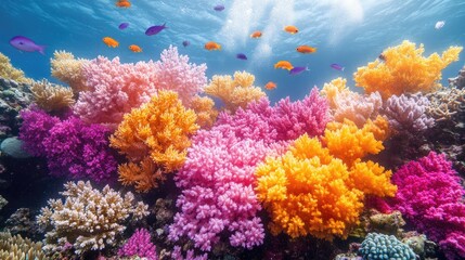 Obraz premium Vibrant coral reef teeming with colorful fish, showcasing underwater beauty in a serene ocean environment