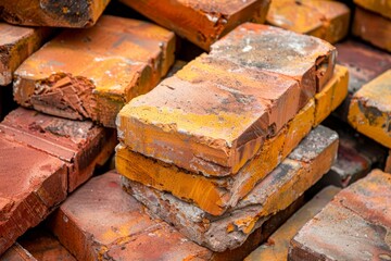 Pile of red and orange clay bricks, neatly stacked to show traditional and durable building materials for classic and modern constructions