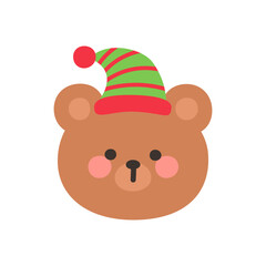 Korean Style Bear Head Cartoon with Red and Green Striped Party Hat