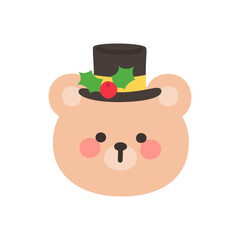 Korean Style Bear Head Cartoon with Black Top Hat and Holly Decoration