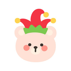 Korean Style Bear Head Cartoon with Festive Red and Green Jester Hat