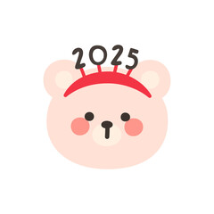 Korean Style Bear Head Cartoon with 2025 New Year Headband Vector Illustration