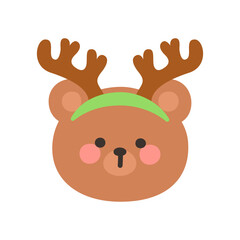 Korean Style Bear Head Cartoon with Reindeer Antler Headband Vector Illustration