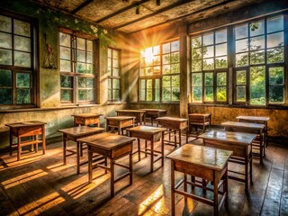 Empty Thai High School Classroom - Rustic Wooden Desks & Chairs - Urban Exploration Photography