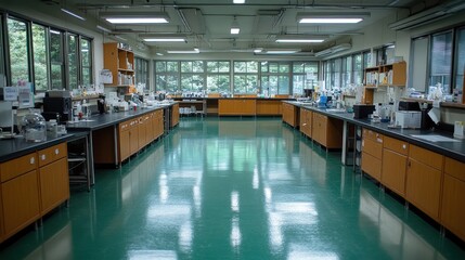 Fototapeta premium Empty modern lab interior with polished teal floor, equipment on workbenches, and windows overlooking outdoors. Use for science education, research presentations, or product catalog